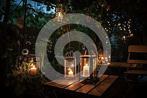garden night with lanterns and fairy lights, romantic atmosphere