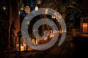 garden night with lanterns and fairy lights, romantic atmosphere