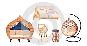 Garden Outdoor Furniture Set. Hanging Egg-Shaped Chair, Patio Daybed, Sofa, Wicker or Rattan Chair and Armchair