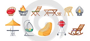 Garden outdoor furniture set. Swing bench seat, fireplaces, barbecue grill, gazebo tent, bag rocking chair, table with umbrella