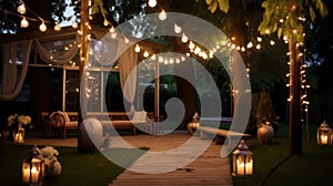 Garden with outdoor string lights, wooden floor planks, candles and lamps in the evening created with Generative AI