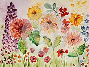 Garden painting with a lot of colorful flowers.