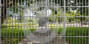 Garden park behind a metal locked gate. 3d illustration