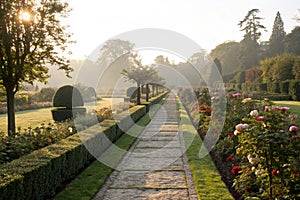 Garden Path Through Formal Garden in the Morning Light