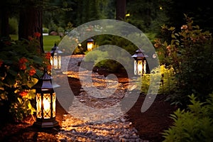 Garden path illuminated by lanterns. Landscape design