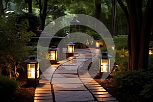 Garden path illuminated by lanterns. Landscape design