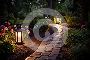 Garden path illuminated by lanterns. Landscape design