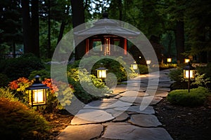 Garden path illuminated by lanterns. Landscape design