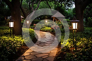 Garden path illuminated by lanterns. Landscape design