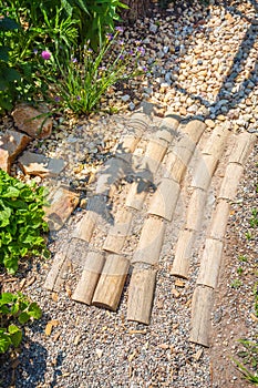 Garden path made of natural wooden planks, stones, gravel. Healthy sensory path with different surfaces