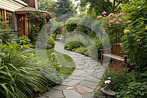 Garden Path. A stone path curves through a backyard garden photo
