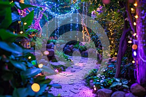 A garden pathway adorned with fairy lights creates a magical ambiance, Fantasy fairy garden with delightful and vibrant colors for