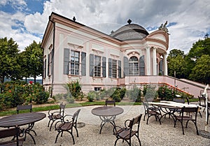 Garden pavilion of the 18th century with the outdoor cafes in front of it. Melk Abbey, Austria.