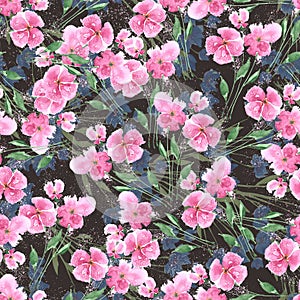 Garden pink flowers painted in watercolor with leaves. Floral illustration.