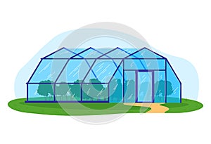 Garden plant in greenhouse, vector illustration. People cartoon character gardening at nature, man woman person have