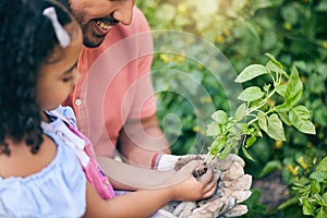 Garden, plant grow and happy child, father or family gardening, nature care or agriculture in backyard on Earth Day