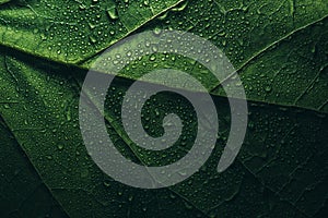 Garden plant with rain drops closeup. Macro green leaf with water droplets wallpaper. Ecology rainforest and environment abstract