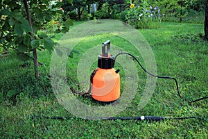 Garden plastic sprayer with hand pump on grass.