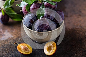 Garden plums on table. Close up of fresh plums with leaves. Autumn harvest of plums.