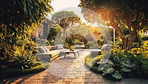 Garden with plush seating, surrounded by lush greenery, bathed in the warm glow of the setting sun