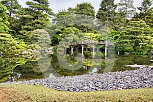 The garden pond and the bridge inside Kyoto Imperial Palace.  Kyoto Japan