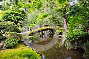 The garden pond and the bridge inside Kyoto Imperial Palace.  Kyoto Japan