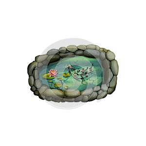 Garden pond set. Watercolor illustration with koi fish, water lily. Watercolor light pink water lily flower. A garden pond with