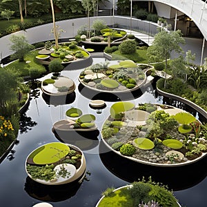 garden with a pond and several pods of plants