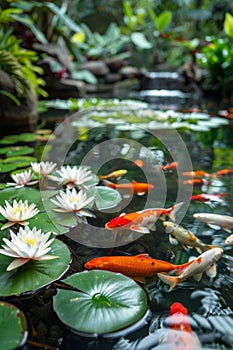A garden pond surrounded by lush greenery, with water lilies floating on the surface and colorful fish swimming beneath