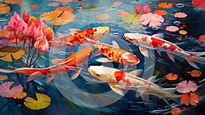A garden pond teeming with colorful koi fish.