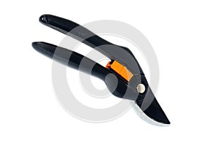 Garden pruner in black with a lock on a white background. Garden tools.