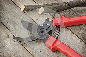 Garden pruner with plastic handles on a wooden table