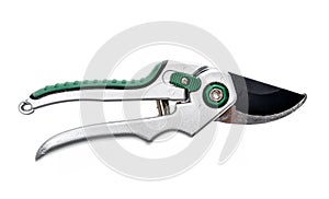 Garden pruner or scissors or pruning shear on an isolated white photo