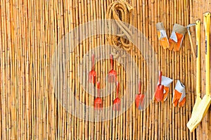 The Garden quipment on brown wooden background.