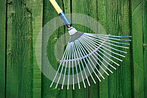 Garden rake against green wooden background