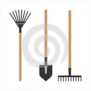 Garden rake equipment flat set vector.