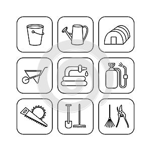 Garden related tools icons outline set vector isolated on white background