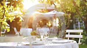 Garden restaurant scene. Elegant dining table set amidst lush greenery. Concept of garden dining, nature-inspired