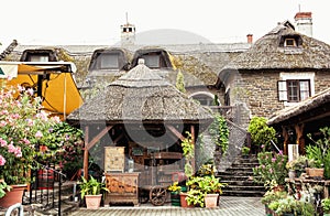 Garden restaurant with thatch in hungarian village, tourist destination