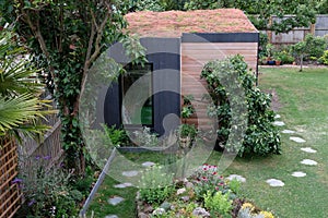 Garden room, green retreat with bee friendly, living sedum roof in well stocked, mature garden.