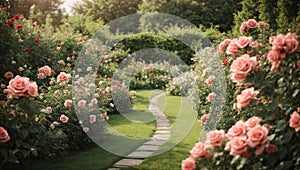 Garden with roses and stone path