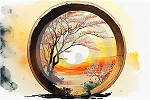 Garden through a round window at sunset