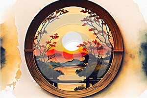 Garden through a round window at sunset Japan