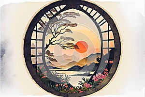 Garden through a round window at sunset Japan