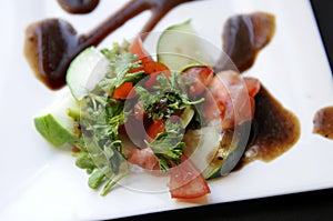 Garden salad with red vinagraite on plate