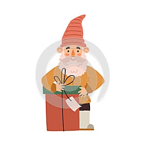 Garden or scandinavian gnome with gift box, flat vector illustration isolated.