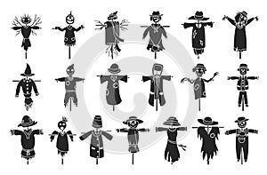 Garden scarecrow vector black set icon.Isolated set black icon halloween of scare.Vector collection garden scarecrow on