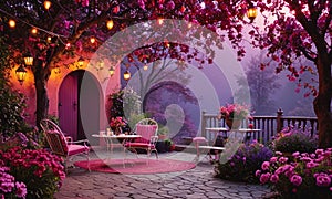 A garden scene with pink flowers and trees, with a patio area featuring pink chairs and tables.