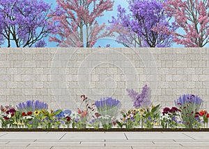 Garden scene with wall and flowers