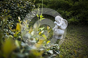Garden sculptures in well-kept garden. Marble sculpture of an angel photo